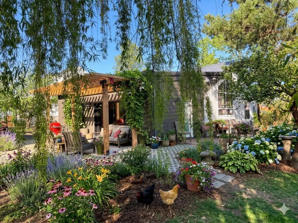 The same Philomath property finished: dark vertical siding, white trim, pergola with vines, hammock chair, hydrangeas and daylilies, chickens in the foreground.
