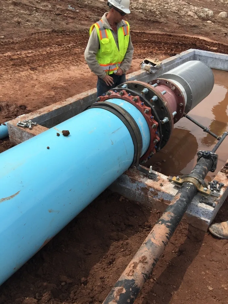 Worker beside a large blue ductile-iron intake pipe with flanged coupling, drainage reservoir installation.